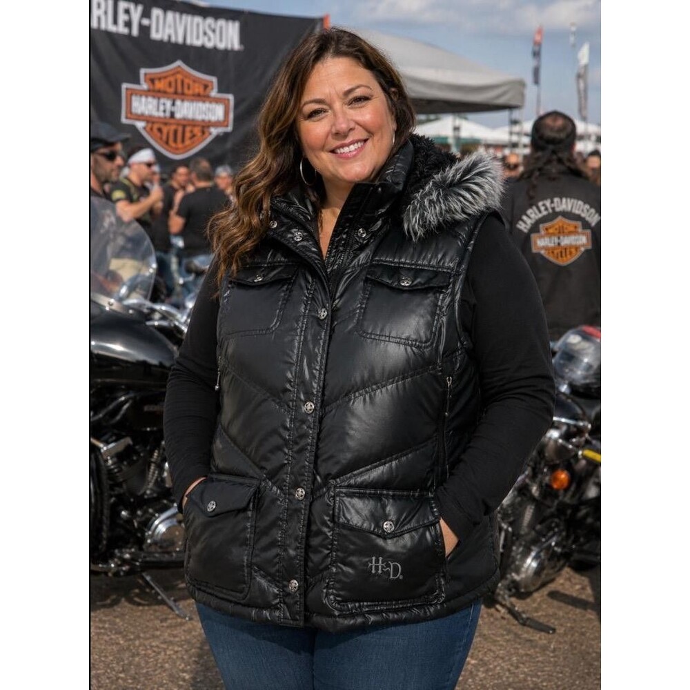 Harley Davidson Down Puffer Vest Women 2X Black Snap Up Removable Hood Faux Fur